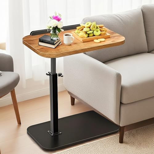 Table d'appoint en C réglable en hauteur pour canapé,avec Fente pour téléphone et Tablette,lit, coin lecture, table d'appoint en forme de C pour canapé, plateau TV rotatif à 360 ° (Rustic Brown)
