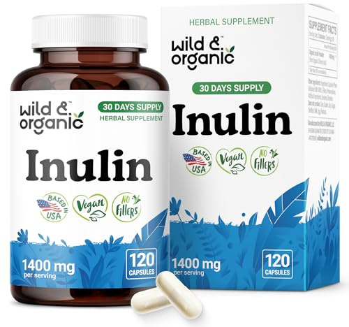 Wild & Organic Inulin Capsules 1400 mg - Digestive & Gut Support - Inulin Prebiotic Fiber Powder Supplement - Chicory Root Derived - Vegan, No Fillers, Non-GMO - 120 Count