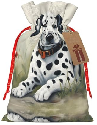 HJLUUFT Jutebeutel mit Dalmatiner-Druck, Weihnachtsgeschenktasche mit Kordelzug und Geschenkanhänger, Hochzeit, Weihnachten, Partygeschenk
