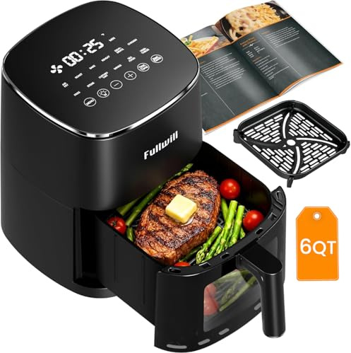 Fullwill Air Fryer with Viewing Window 6QT,12 Cooking Presets,AirFry,Roast,Bake,Reheat,Dehydrate, 1700W Fast Even Heating, Max 400°F, Nonstick Basket Dishwasher Safe,for Families and Party
