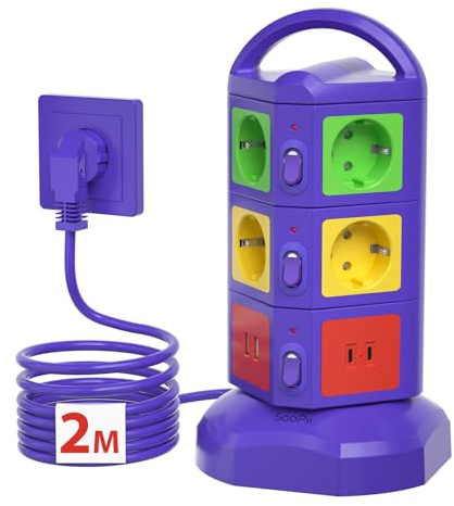 SooPii Torre 10 enchufes Vertical (Tipo F) 4000 W/16 A, Regleta Vertical con 2 USB y 2 PD con Proteccion sobretension,Torre regletas enchufes con Interruptor para Oficina, hogar, Alargador 2M,Púrpura