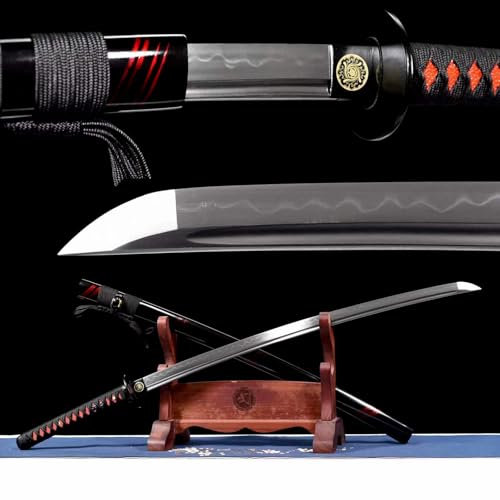 103cm handgefertigtes Katana-Schwert,T10-Stahl klinge mit handgebranntem Wellenmuster,Scheide aus Massivholz mit Lack,echtes Samurai-Schwert für Weihnachten,Halloween,Kampfsport,Spielen,Kendo-Training