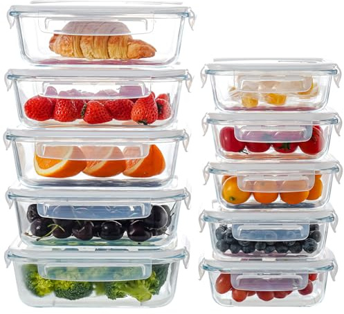 MESNEY Lot de 10 boîtes de conservation en verre borosilicate avec couvercles d'aération – 5 grandes et 5 petites boîtes en verre, passent au micro-ondes, au congélateur, au lave-vaisselle