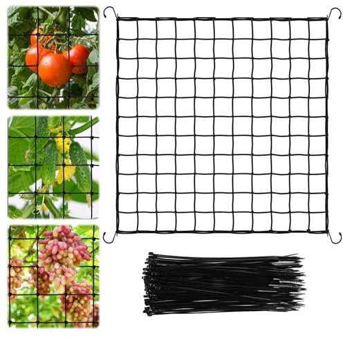 HGRGHH Red de Enrejado Elástico 120 x 120 cm, Scrog Red para Plantas con 4 Ganchos y 100 Bridas de Nailon, Malla Elástica para Plantas Trepadoras, Plantas, Verduras, Frutas y Flores