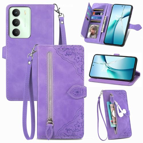Fertuo Cover per Realme 14x 5G / Realme C75 4G / C71, Custodia a Libro in Pelle PU Flip Case con Porta Carte, Chiusura Magnetica e Cinturino [Disegni di Fiori] Portafoglio Antiurto, Viola