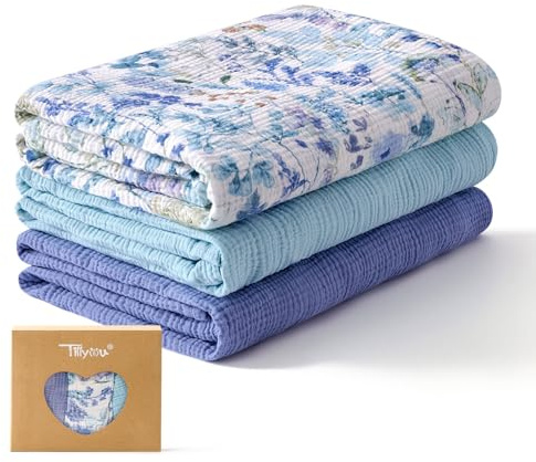TILLYOU Set di 3 panni in mussola per bambini, 75 x 100 cm, in mussola, 100% cotone, motivo: fiori blu