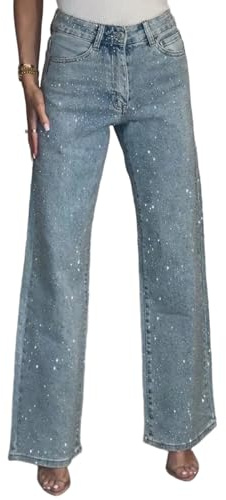 NRTHYE Women's Jeans, High Waist, Rhinestones, Wide Leg, Shiny, Diamonds, Casual Denim Pants, Blue, L