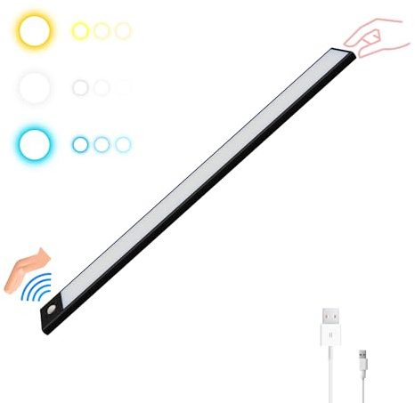 HOMPLEMENT - Luce Armadio LED con Sensore Ricaricabile, Barra LED Magnetica a 3 Tonalità, Intensità Regolabile Dimmerabile per Illuminazione per Interni, Ricarica USB, Lunghezza 40cm (Nero, 1 Pezzo)
