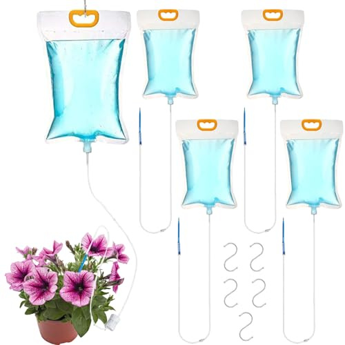 5 Pièces Kit Sac Arrosage Automatique 3,5 L avec Interrupteur Commande Réglable, Système Irrigation Goutte-à-Goutte Plantes, Dispositifs Arroseur Pot Plante pour Intérieur, Extérieur, Jardin, Balcon