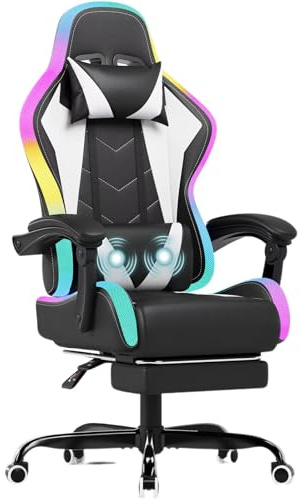 JUMMICO Gaming Stuhl mit led, Cool Racing Gamer Stuhl, Ergonomischer Bürostuhl mit Massagefunktion, Verstellbare Rückenlehne 90-135°, mit Teleskop Fußstütze, Gamingstuhl 150 kg belastbarkeit, Weiß