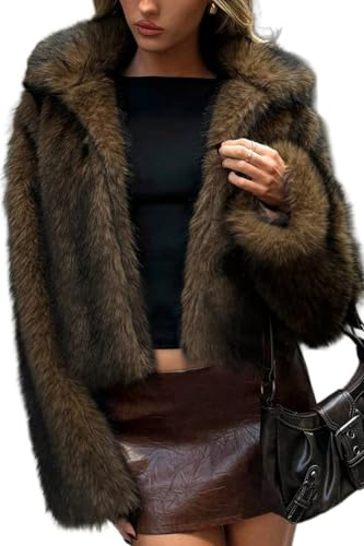 ELLEVEN Faux Fur Jacket Coat Women Winter Fluffy Warm Cropped Overcoat Furry Fuzzy Plush Shaggy Cardigan Casual Sexy Fashion Lapel Collar Long Sleeve Hidden Hooks Pockets Black & Brown Small