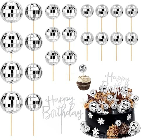 xolear 23 st nattklubbsdekorationer tårta bollar med grattis på födelsedagen skylt, 4 storlekar boll kaka toppare mini DIY toppers skumboll cupcake för födelsedag, karneval, fest (silver)