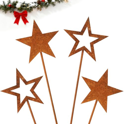 JACKANNA Winterdeko Draußen Deko Weihnachten Häuser Rost Sterne Stecker Outdoor, Gartenstecker Roststecker Weihnachtsdeko Draußen, Garten für Advent, Weihnachts Balkon Gartendeko (Sterne)