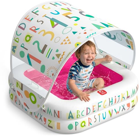 QPAU Piscine Gonflable Portable pour Bébé avec Pare-Soleil Amovible 35 x 10, Pataugeoire Enfant & Piscine à Balles 3 en 1, Fond Rembourré, Poignées, Jardin/Intérieur, 1-3 Ans, Rose