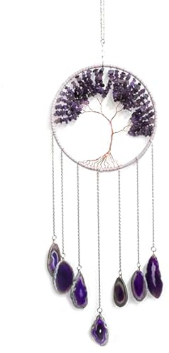 Shuqio Amethyst Windspiel Lebensbaum aus Naturstein Achat Scheiben | Handgemachtes Kristall Windspiel für Garten Draußen & Innen, Edelstein Wand-Deko & Fenster-Ornament