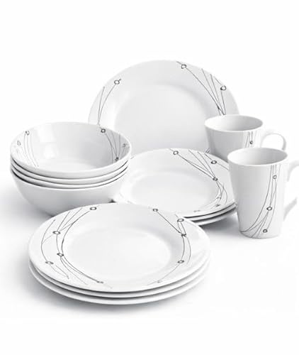16 Piece Ceramic Dinner Set for 4 People | Plates, Bowls & Mugs | White with Grey Line | Dishwasher & Microwave Safe
