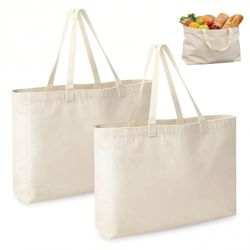 Baumwolltasche 45 x 35 cm, 2 stück Jutebeutel Unbedruck, mit reißverschluss-Innentasche zwei langen griffen, nachhaltige einkaufstasche,baumwolltasche Tragetasche für DIY, praktisch Alltag, Uni, Büro