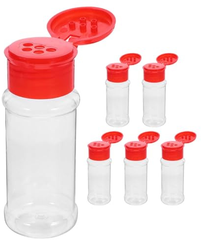 AMUSLESUR Lot de 6 Bouteilles de Condiments en Plastique Transparent, Salières et Poivrières Rouges, 100 Ml, Pots à Épices Cuisine, Conservation du Poivre et Sel, Accessoires Pratiques