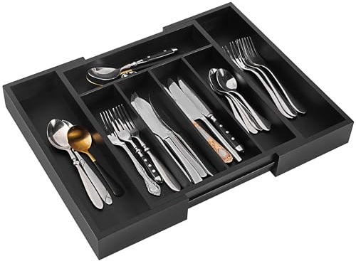 Vencier Cutlery Tray for Drawer - Bamboo Adjustable Cutlery Organiser Tray - Bamboo Cutlery Tray 5 to 7 Compartments (Black)