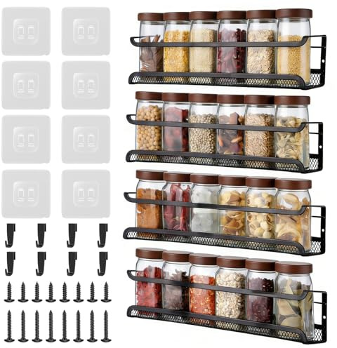 Gewürzregal Ohne Bohren 4er Set - Wandmontierter Gewürzhalter Schwarz mit 8 Haken & 8 Klebehakten, Verstellbarer Gewürzregal Schranktür aus Kohlenstoffstahl für Küche & Innenschrank, 5kg Tragkraft
