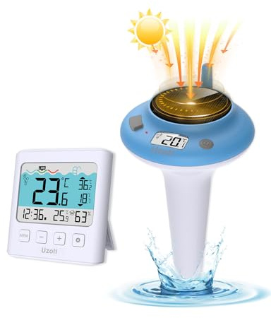 Uzoli EM777UC Poolthermometer schwimmend, IPX7 Funk Pool Thermometer | Wasserthermometer für Pool, Schwimmbad & Teich, USB- & Solaraufladung, Innentemperatur, Max./Min.-Werte, Komfortstufe, Wecker