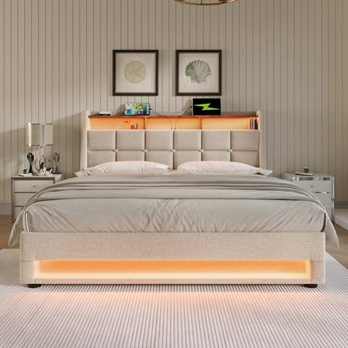 Ball & Cast Upholstered Double Bed 135 x 190 cm with LED Lighting, USB Type-C Charging Function, Storage Headboard, 4FT6 Double Storage Bed Frame with Metal Slatted Frame, Linen, Beige (No Mattress)