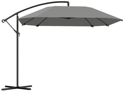 Outsunny Parasol Déporté Inclinable Base 304 x 260 x 245 cm Gris Foncé | Parasol de Jardin Extérieur, Manivelle, Toile Polyester 180 g/m², Protection UV UPF50+