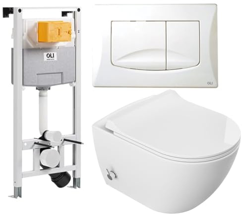 Set WC sospeso a parete: telaio pneumatico, ciotola per WC senza cuciture con funzione bidet calda e fredda integrata, pulsante a flusso bianco e sedile sottile in termoindurente morbido