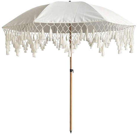 Acomoda Textil - Sombrilla de Playa Ø180x215 cm con Flecos, Parasol Boho Exterior con Protección UV30+, Sombrilla Ligera con Bolsa de Transporte para Jardín Terraza Playa