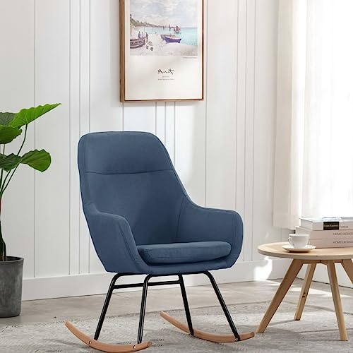 Rocking Chair Blue Fabric with Beech Wood Feet and Metal Frame, Ergonomic Swing Chair with Padded Cushion, Armrest, Footrest, Ideal for Relaxing, Reading