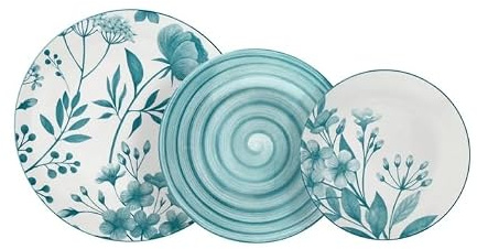 Tognana Madison Coralie Teal Servizio Tavola 18 Pezzi in Porcellana per 6 Persone, Decorazioni Floreali Assortite, Piatti Piani 27 cm, Fondi 20 cm e Dessert 19 cm, Lavastoviglie e Microonde