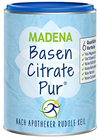 MADENA BasenCitrate Pur, Basenpulver 216g, organische Basen, vegan, Elektrolyte-Lieferant mit viel Magnesiumcitrat, Zink, Kalium, Calcium, geeignet für Diät und Basenfasten