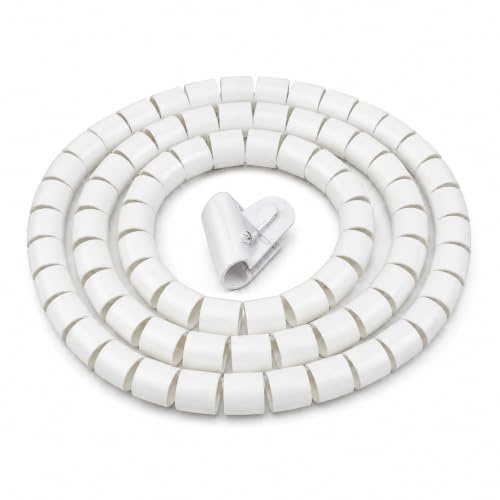 On1shelf White 25mm Spiral Cable Wrap Kit, 2m Large Wire Tidy Sleeve with Feeder Tool for TV PC Desk, Home Cinema, Office Looms, Cut to Length, Halogen Free PE