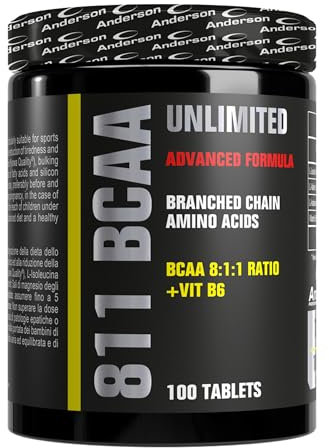 Anderson 811 BCAA UNLIMITED È un integratore di aminoacidi ramificati in rapporto 8:1:1 combinati con Vitamina B6 | 100 cpr | Made in Italy