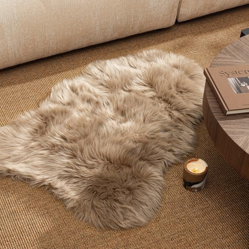 Ashler Faux Fur Rug - Beige Area Rug, Fluffy Sheepskin, Fuzzy Ultra Soft 2 x 3 Ft, Machine Washable Shag, Nursery Throw for Bed, Living, Kids Room