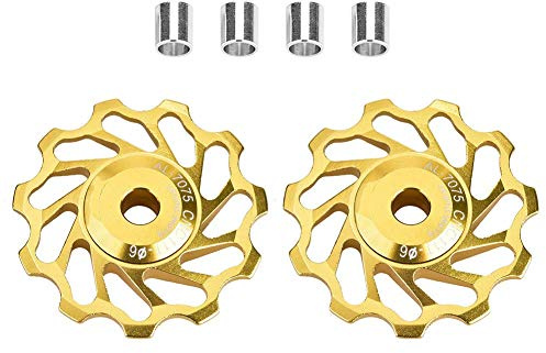 VGEBY1 Fahrrad Umwerfer Riemenscheibe, 2 Stück 11 t / 13 t Fahrrad Führungsrolle Keramiklager hintere Riemenscheibe Stützrad mit Loch Adapter(11T-Golden)