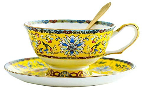 YBKTEX Bone China Cup& Saucer Set, 6.8oz- Classic Enamel Patterns (Yellow)