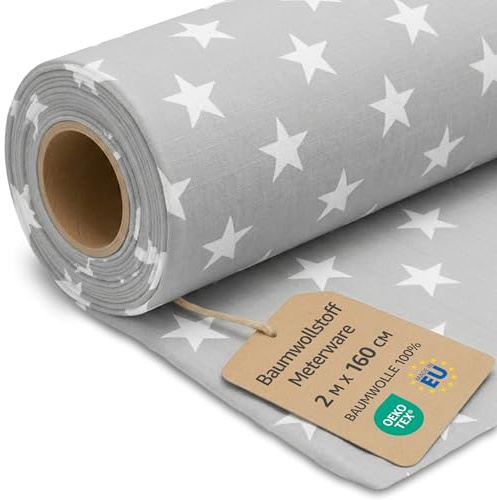 Stoff Meterware Baumwollstoff 2 M x 160 cm - Stoffe zum nähen aus reine baumwolle fabric futterstoff dekostoff für patchwork canvas und sewing nähstoff Oeko-Tex Weiße Sterne auf Grau