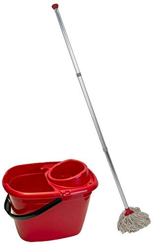Abbey Professional Mop and Bucket Set Heavy Duty with Wringer and Two Traditional Cotton Mop Heads for Cleaning Floors – Strong Aluminum Mop Handles – Mop Bucket Capacity 12L with Pouring Lip (Red)