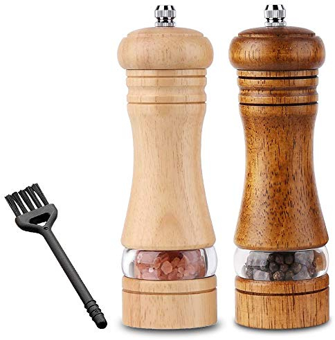 C100AE Juego de 2 Molinillos de Pimienta y Sal de Madera, Molinillo de Especias de Madera, Manual de Molinillo Amoladora de Cerámica Ajustable, Sin relleno, con Cepillo de Limpieza, Altura 16,5 cm