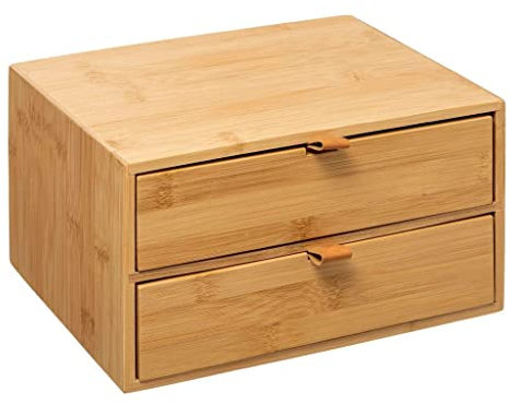 Mex Schubladenbox Schreibtisch Büro Organizer 2 Schubladen aus 100% Bambus Holz mit Kunstlederlasche