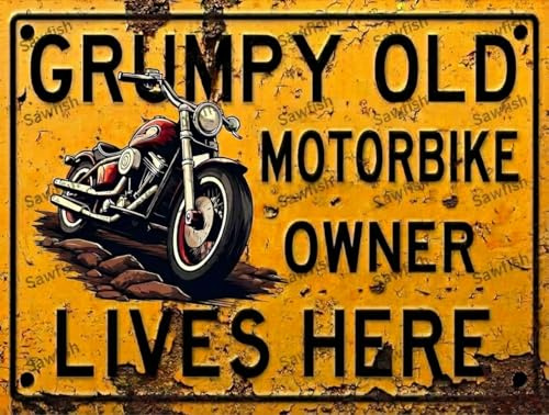 Tin Sign Vintage Retro Man Cave Bar Pub Shed Novelty Gift Aluminium Metal Tin Wall Décor Sign - Grumpy Old Motorbike Owner Live Here inspired