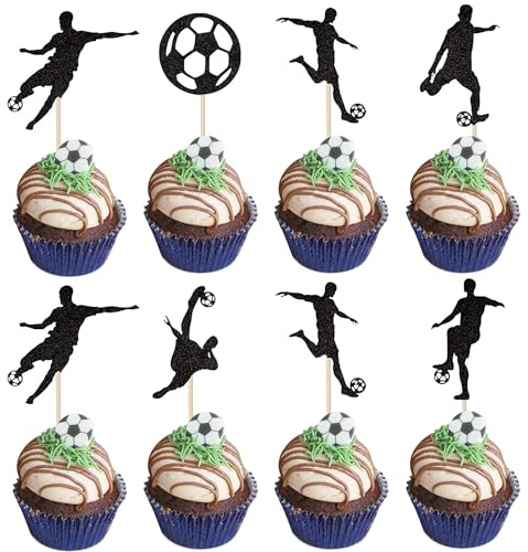 SYKYCTCY 30 Pack Soccer Cupcake Toppers Glitter Soccer Ball Cupcake Picks Sport Cake Decorations Football Theme Birthday Party Baby Shower Kids Boys Men Birthday Party Favors Supplies Black