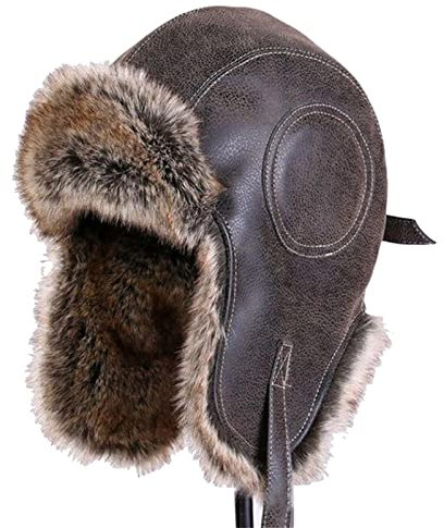Ciamlir Russische Mütze Wintermütze Ushanka Herren Damen Pilot Flieger Bomber Trappermütze Kunstpelz Leder Schneemütze Mit Ohrenklappen Warme Mütze,Braun,57-58Cm
