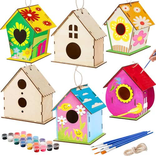 Coloch 6 Pack DIY Birdhouse Kits, Wooden Crafts Arts for Children to Build and Paint (Includes Paints, and Brushes), Painting Puzzle DIY Wooden Assembly for Boys, Girls, Kids, Adults