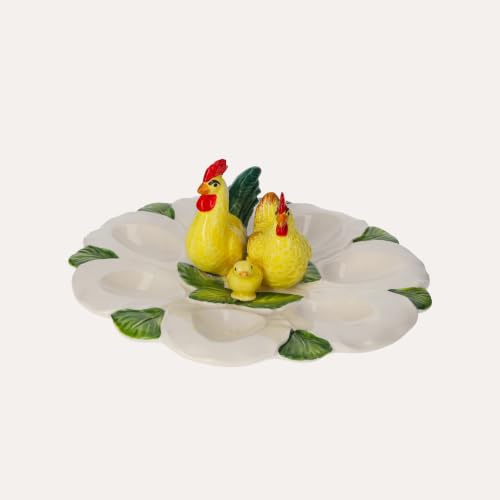 Keyhomestore - Huevera decorativa con gallos y gallinas, color blanco, 8 plazas, fabricada en cerámica, altura 11 cm, diámetro 24 cm, ideal como decoración de cocina y decoración de Pascua
