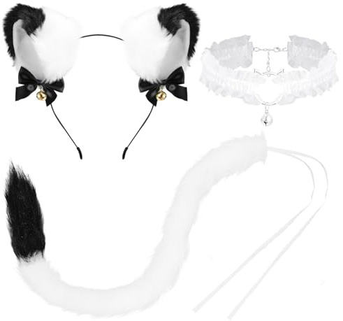 XEPST Katze Cosplay Kostüm Set, Weiß Schwanz und Ohren Set Faux Furry Fox Wolf Tail Kit mit Langer Fuchsschwanz und Ohren und Glockenkragen für Karneval Party Dekoration Kostüm Dressing Parteien