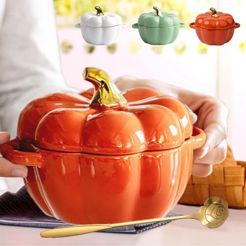 Keramikschale mit Deckel, 425 ml, mikrowellen- und spülmaschinenfest, Kürbis-Suppenschüssel mit Griff, Kürbis-Dekor, Aufbewahrungsglas für Zuhause, Thanksgiving, Halloween-Party, Kürbisschale