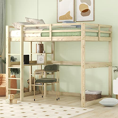 NNJN 140 x 200 cm, letto a soppalco con vano portaoggetti, completamente in pino, con 4 ripiani e una scrivania (naturale), WX000122