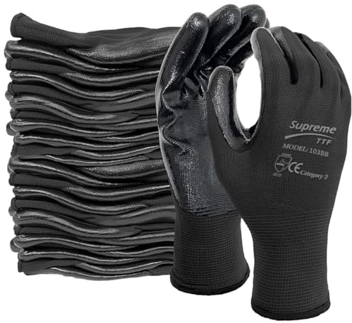 SupremeTTF 24 Pair Black Work Gloves Nitrile coated Gloves Builder's gloves Gardening Gloves Construction Warehouse use gloves (XXL [11])